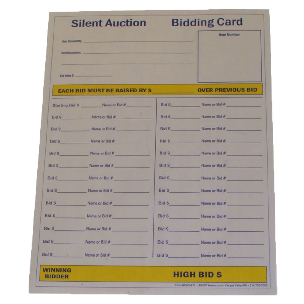 100 Silent Auction Full Page Bid Sheets (8-1/2" x 11") 2 part