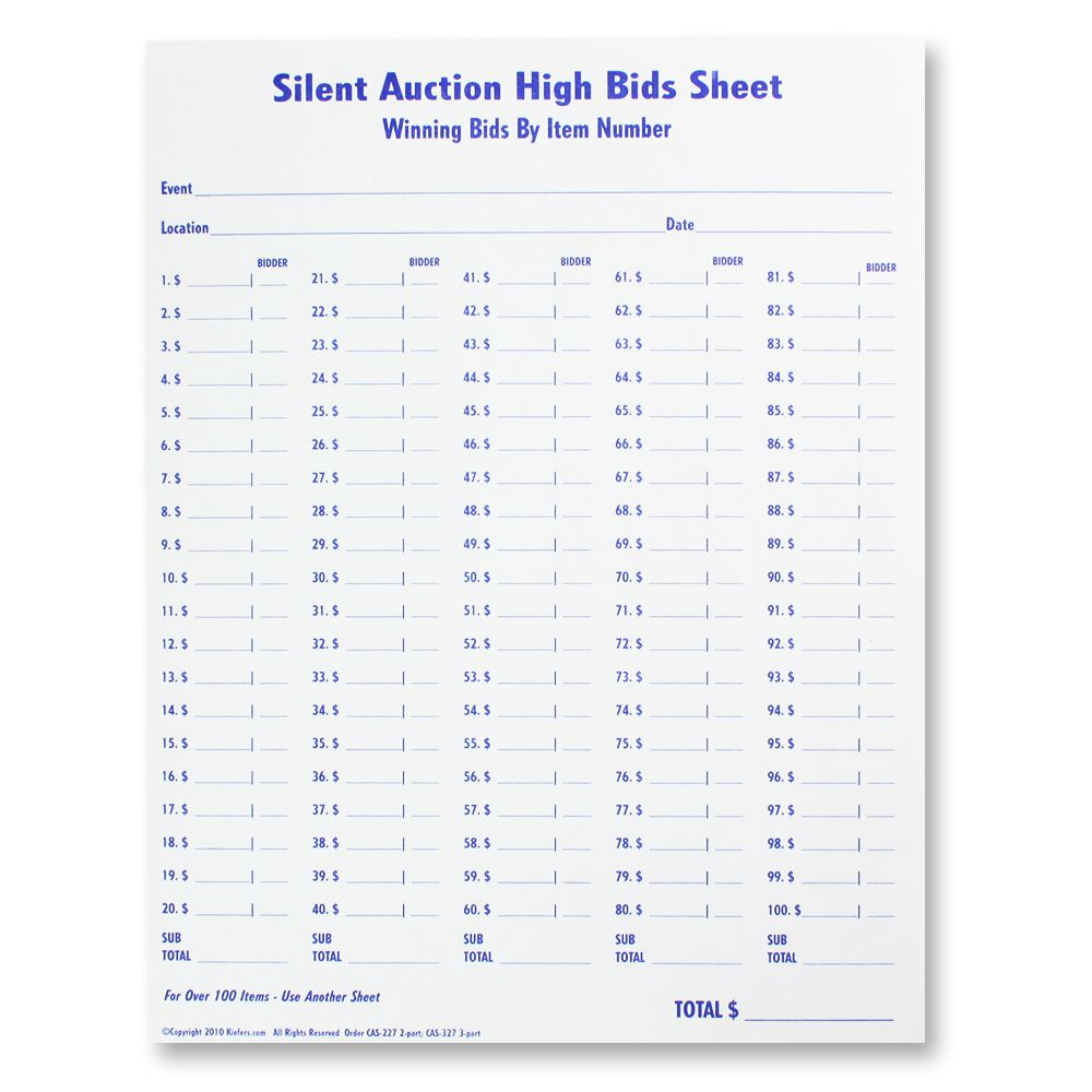 High Bid Sheets (10 sheets/pack) 2 or 3 part