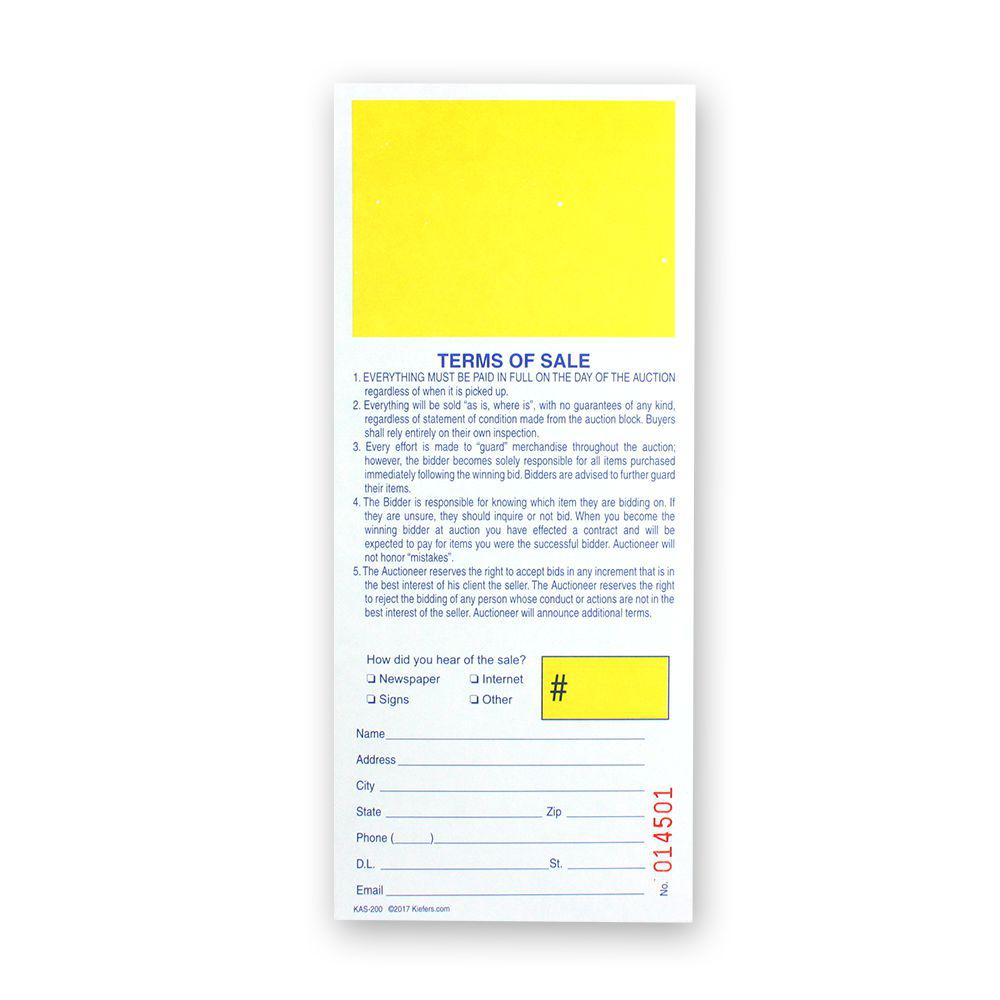 KAS-200 Registration Stub Bid Cards (500/pack) Yellow Square