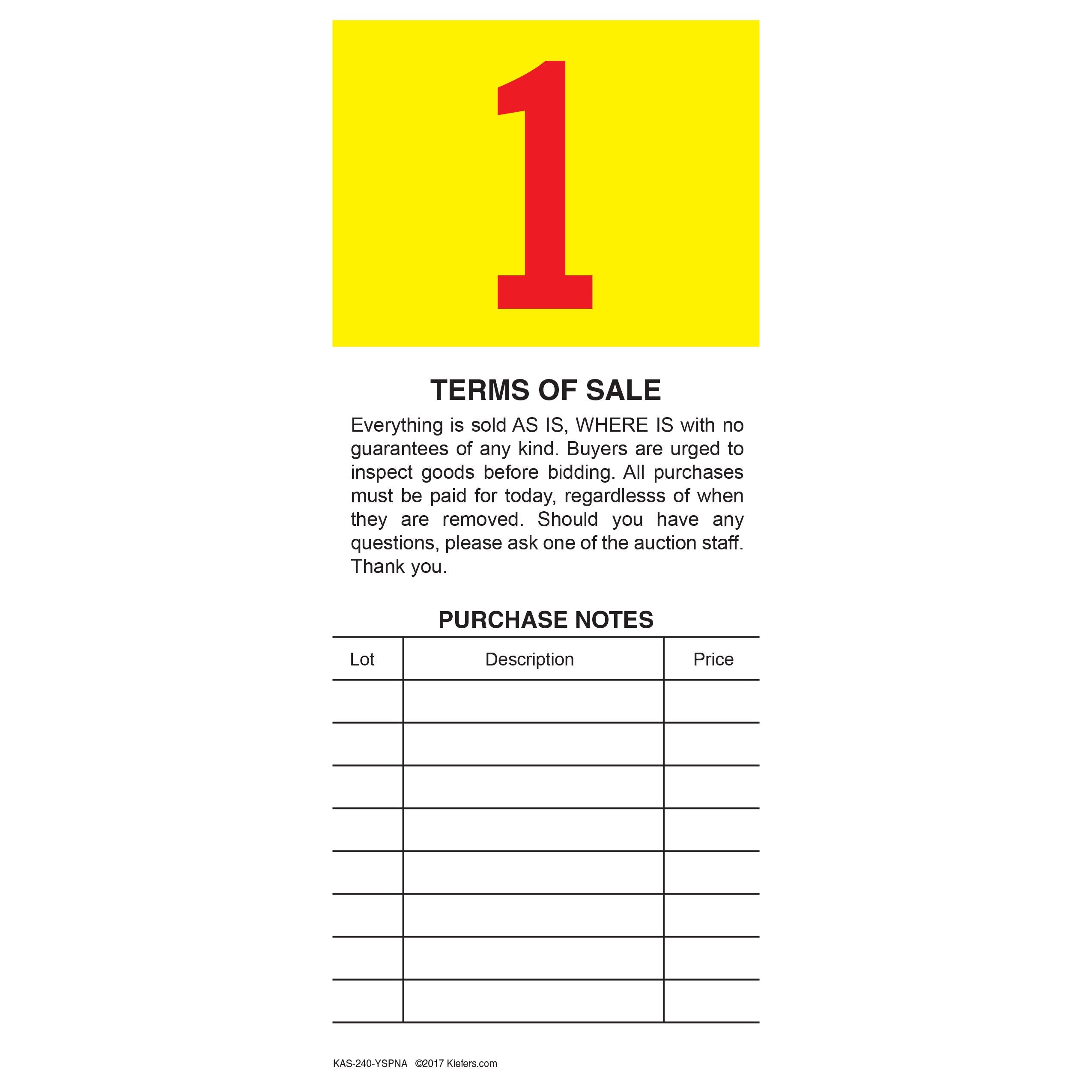 Pre-Numbered Stock Bid Cards w/ Purchase Notes (500/pack) Red # w/ Yellow Square / Black Ink