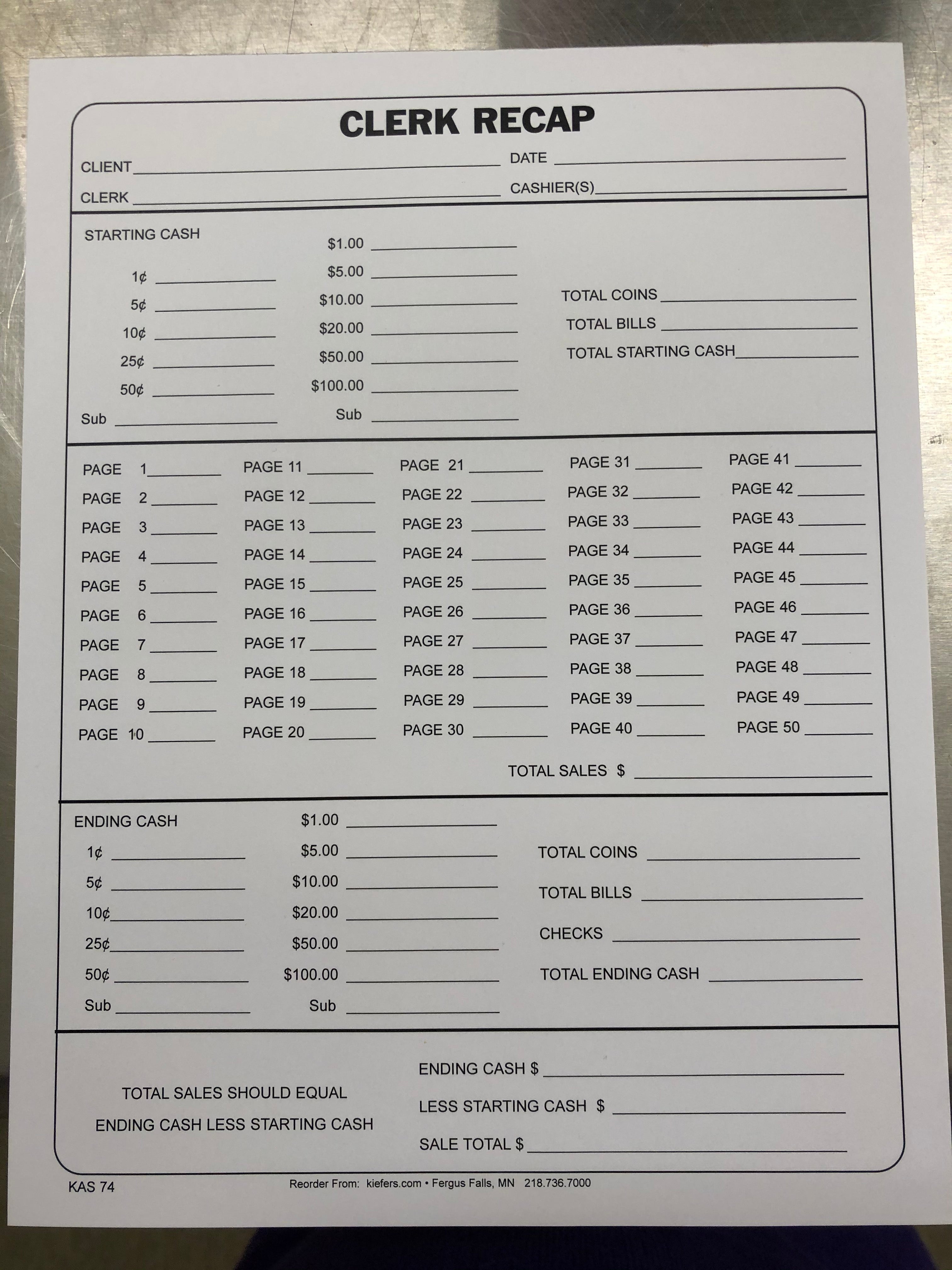 Clerk's Recap Form (1 or 2-Part)