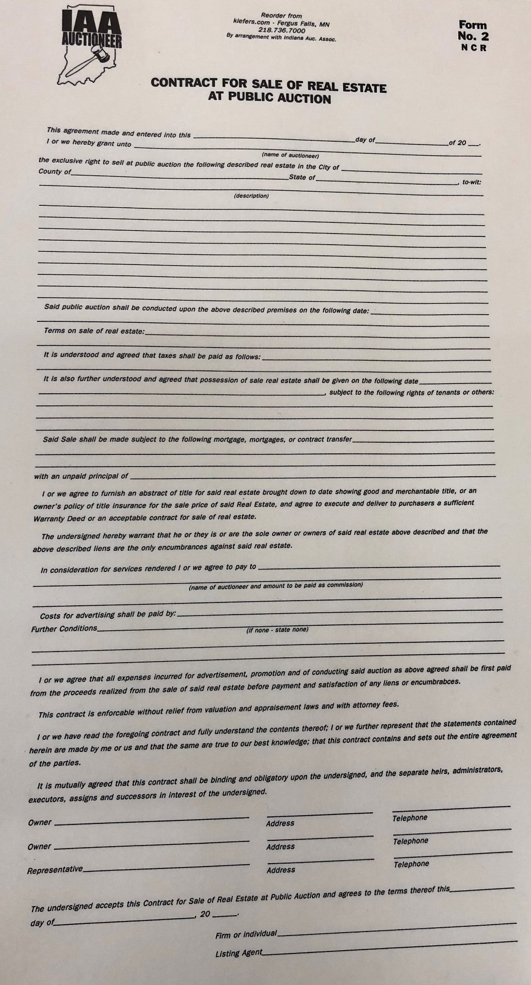 Indiana 2-Part Real Estate Contract (50/Sets) - Form #2