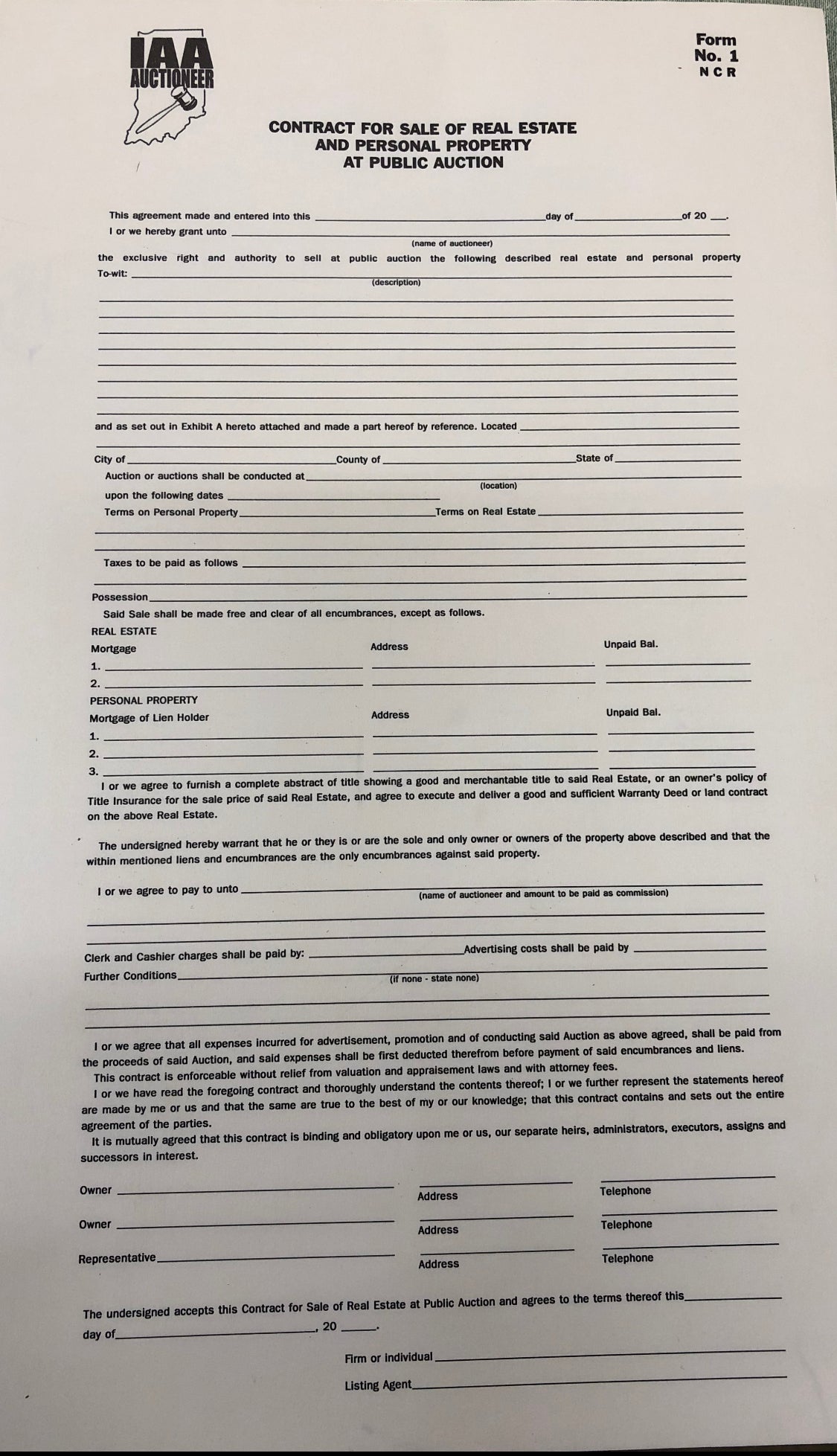 Indiana 2-part PP & RE Contract (50 sets) Form #1
