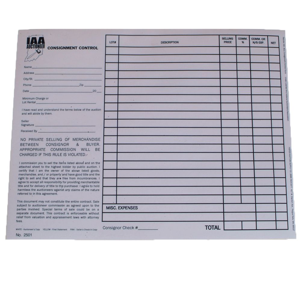 Indiana 3-pt Consignment Control (100 sets) Form #21