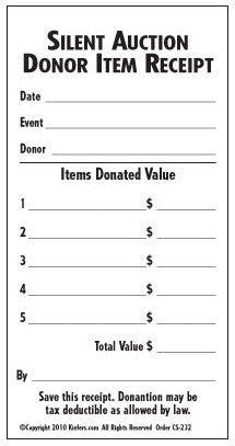 Silent Auction Donor Item Receipt (100/pack) 2 part