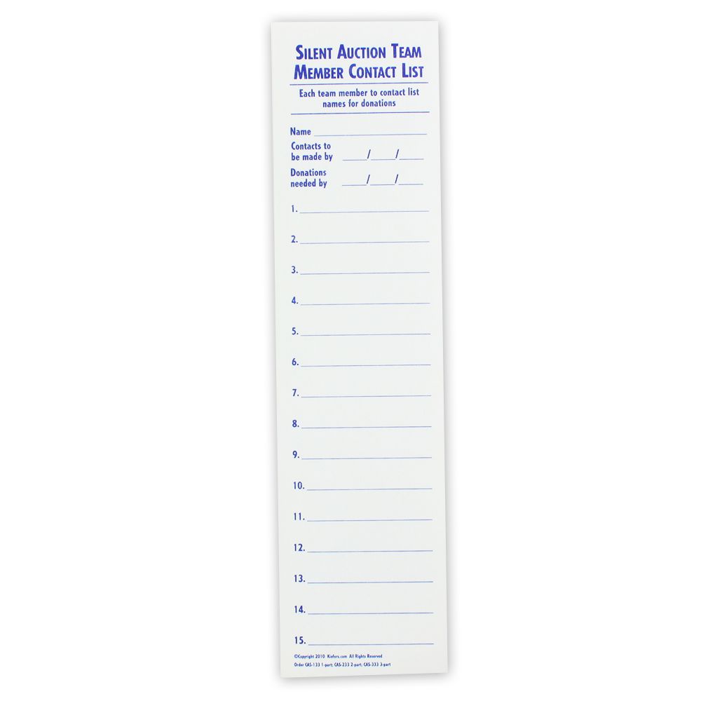 Silent Auction Team Member Contact List (25/Pack) 1, 2 or 3 part