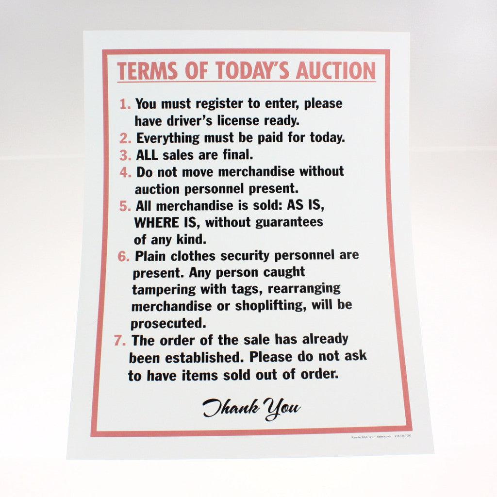 Terms of Today's Auction 18 x 24 Laminated Sign